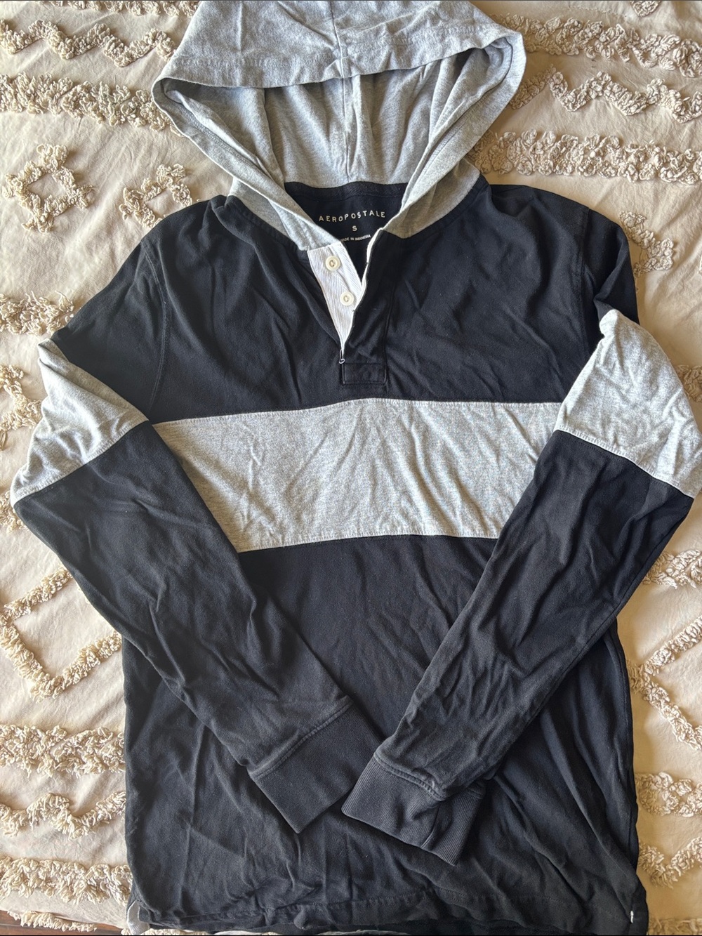 Aeropostale Black and Light Gray Hooded Rugby Pullover
